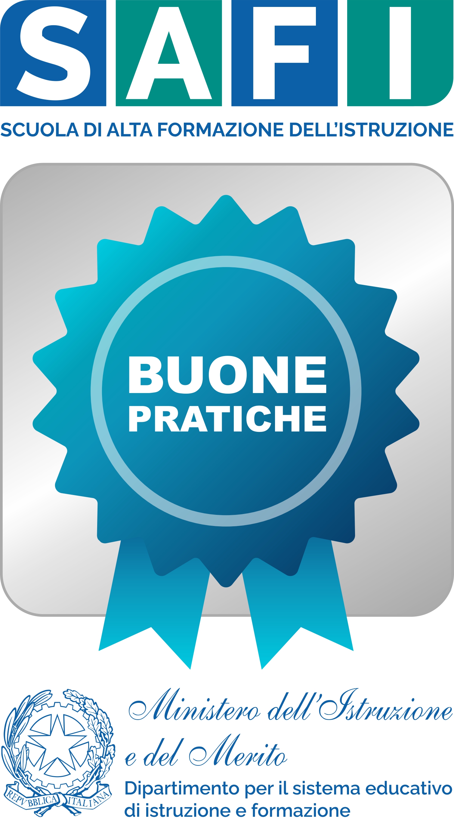 Badge ufficiale “Buone Pratiche” della Scuola di Alta Formazione dell’Istruzione e del Ministero dell’Istruzione e del Merito, con sigillo blu e turchese su sfondo grigio.